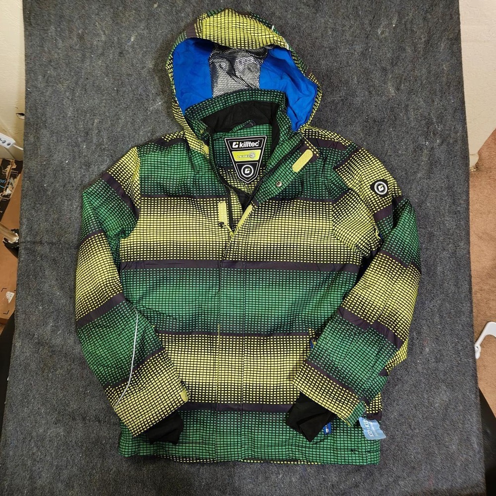 Killtec Level 3 Kids Ski Jacket Green Yellow Grid Pattern Hooded Size 14